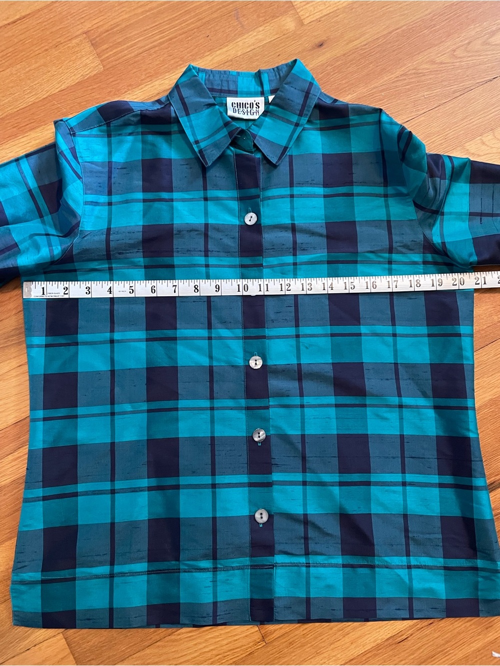 VTG Chico's Silk Blue & Teal Plaid Button-Down Shirt - Picture 4 of 7